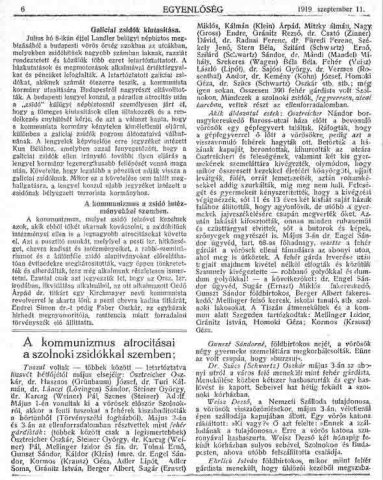 „A kommunizmus atrocitásai a szolnoki zsidókkal szemben.” In: Egyenlőség, 1919. 09. 11., 6 o.
